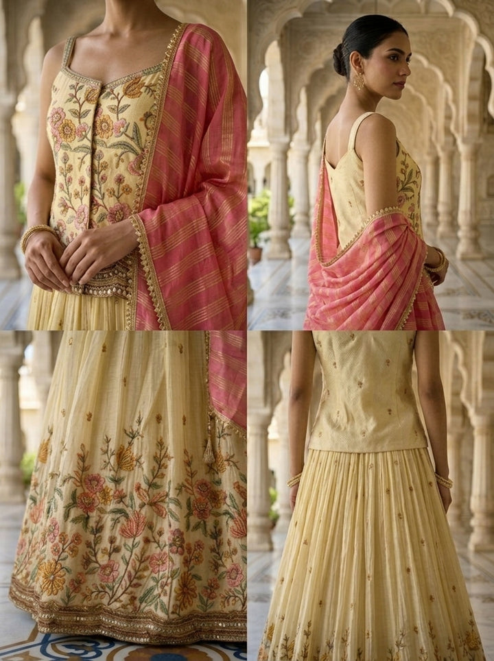 Neerus Beige tissue thread embroidered lehenga set - side view