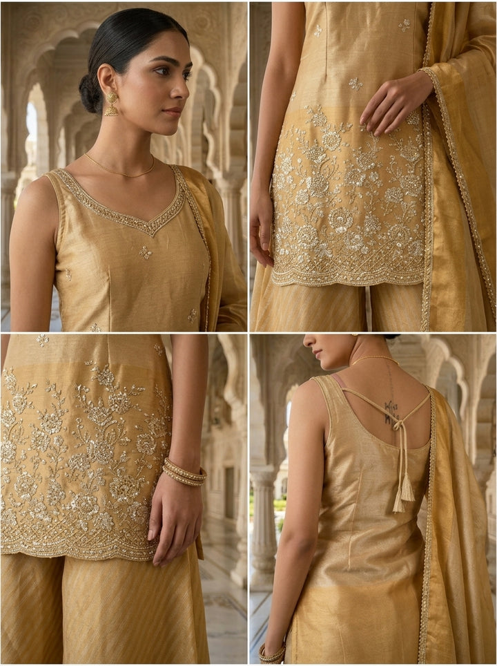 Neerus Gold tissue hand embroidered suit set - side view
