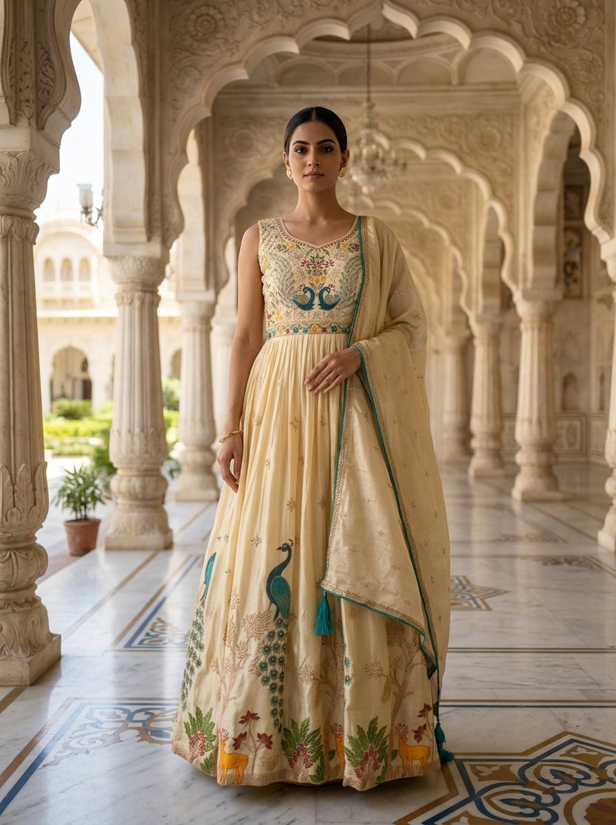 Neerus Beige chinon embroidered anarkali suit set - front view
