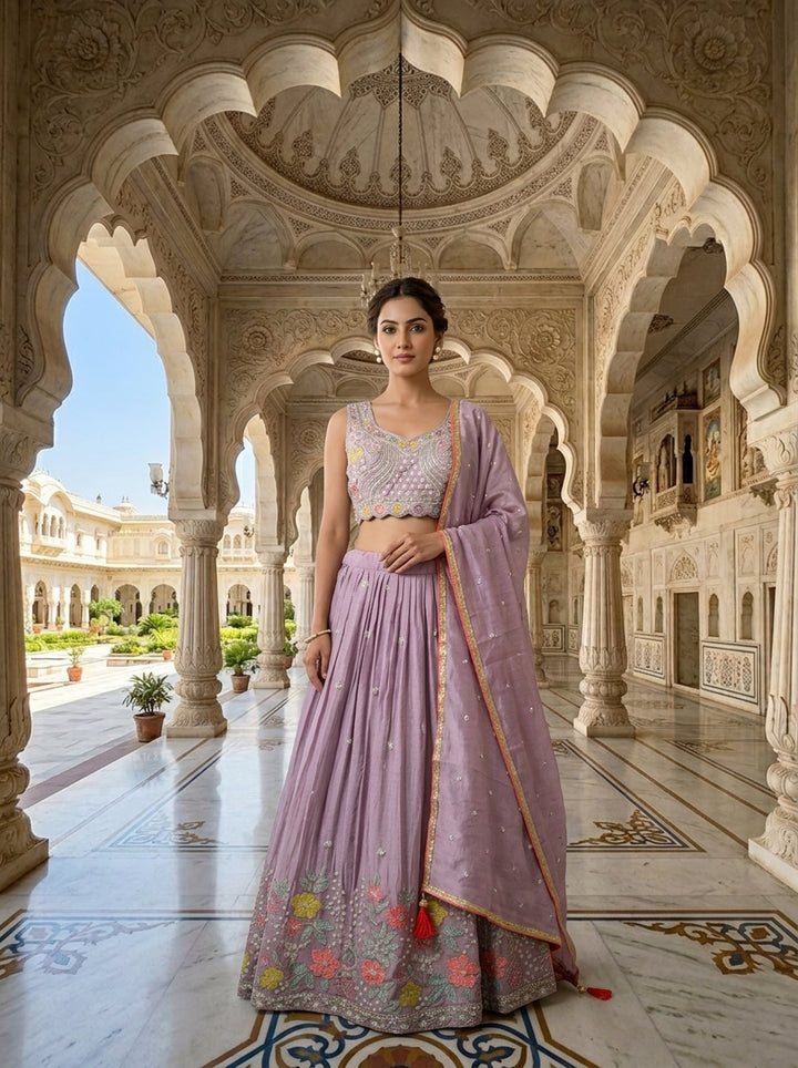 Neerus Purple chinon embellished lehenga set - front view