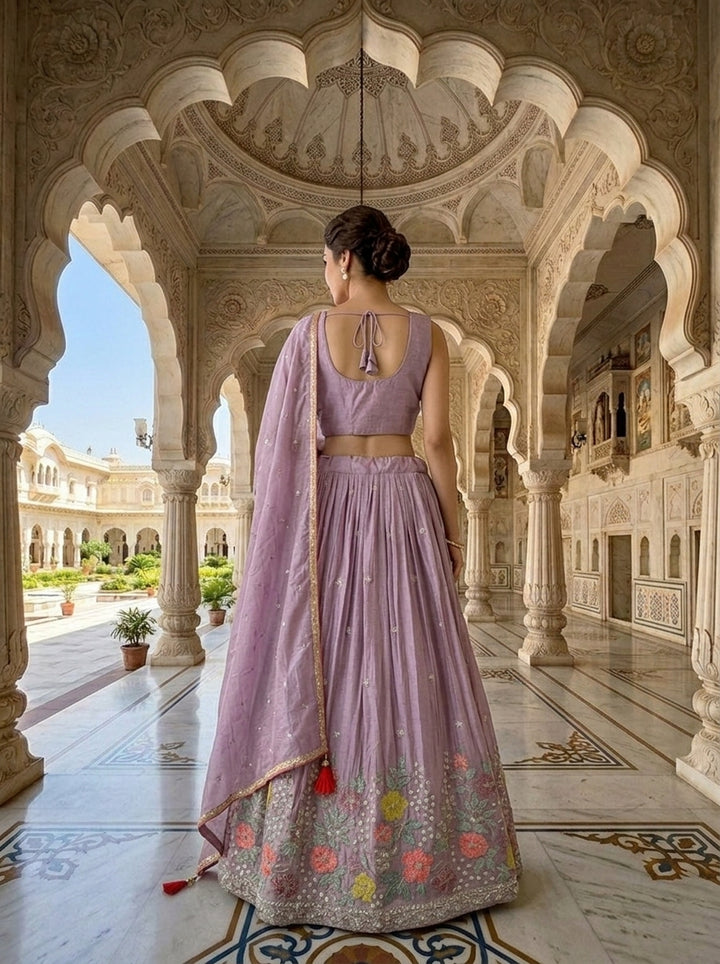 Neerus Purple chinon embellished lehenga set - side view