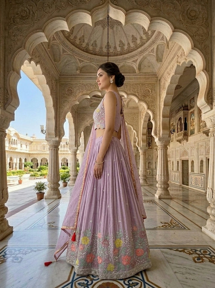 Neerus Purple chinon embellished lehenga set - back view