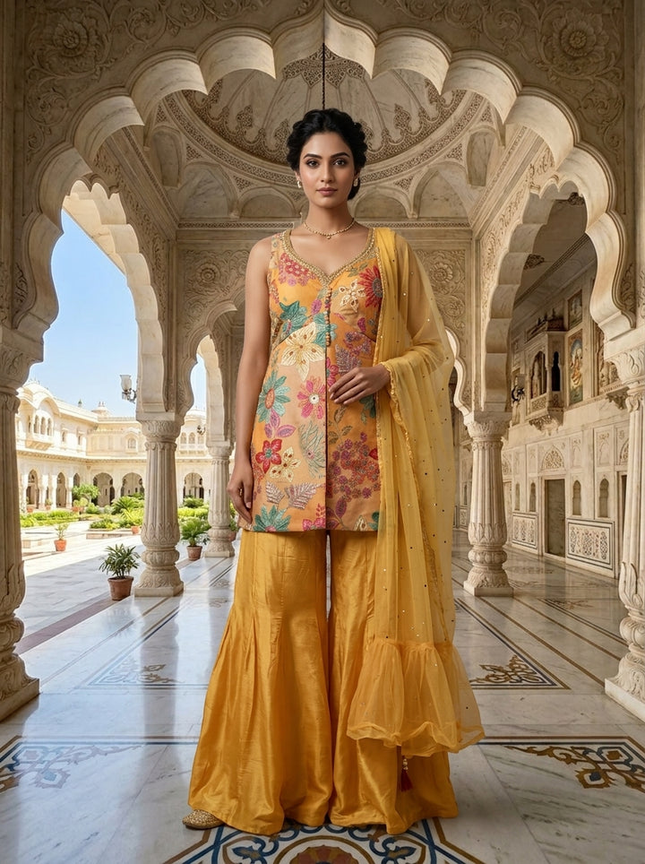 Yellow Silk Printed And Beads Embroidery Three Piece Set