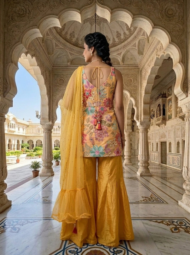 Yellow Silk Printed And Beads Embroidery Three Piece Set