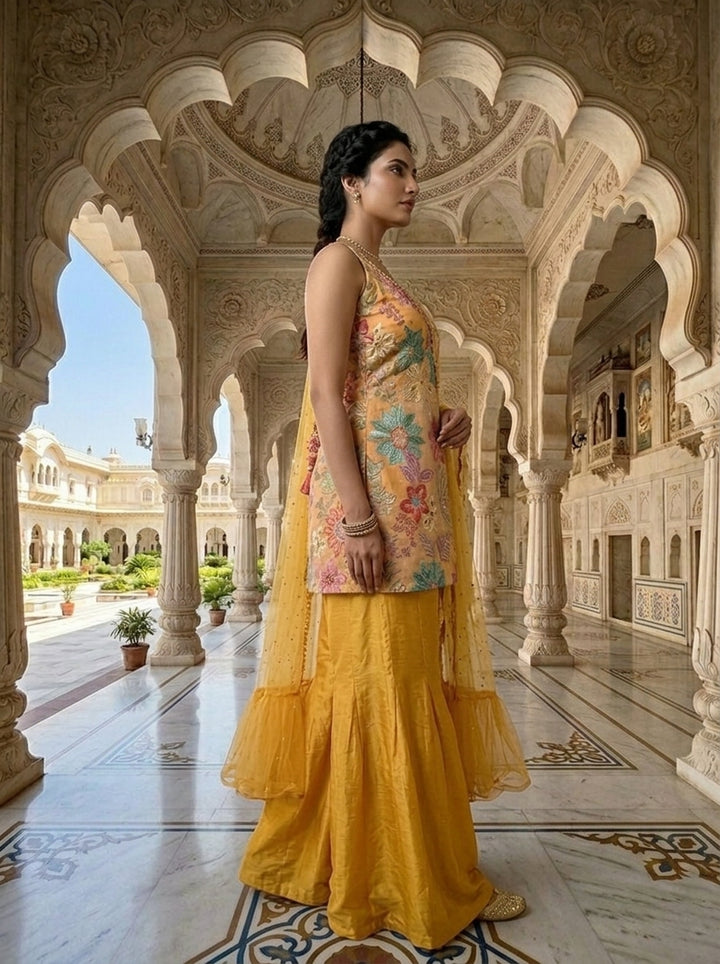 Yellow Silk Printed And Beads Embroidery Three Piece Set