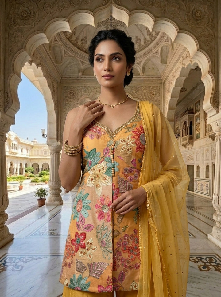 Yellow Silk Printed And Beads Embroidery Three Piece Set