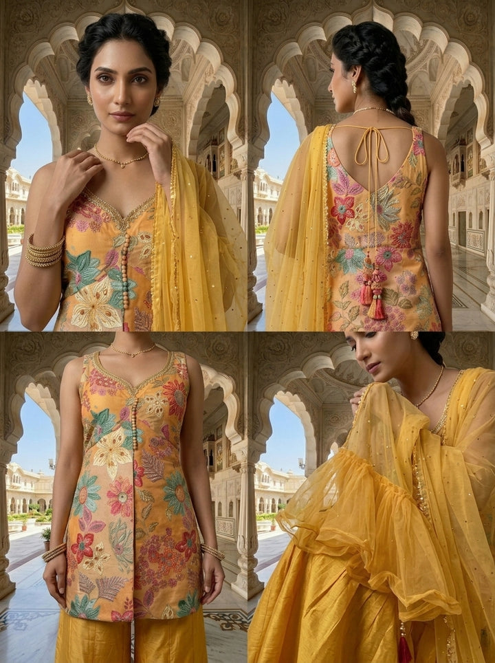Yellow Silk Printed And Beads Embroidery Three Piece Set