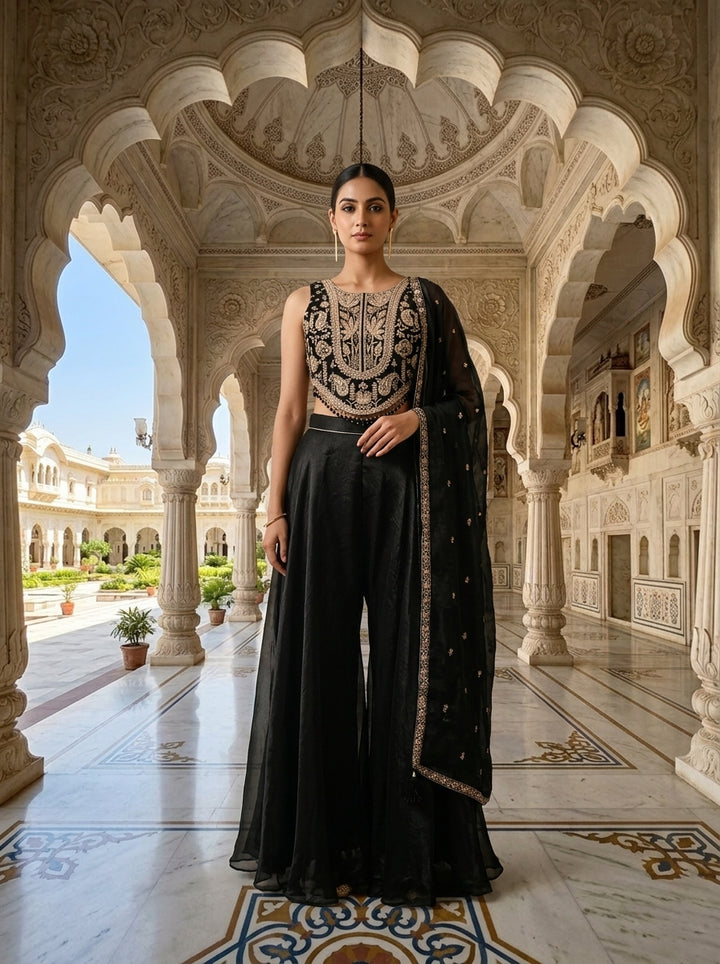 Neerus Black cotton embellished suit set - front view