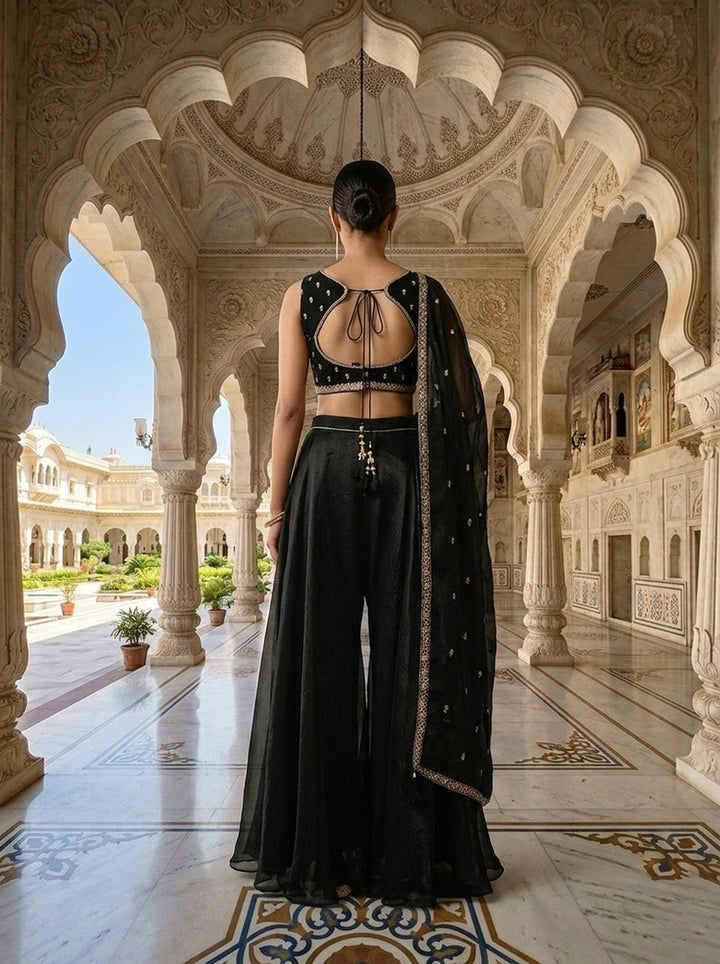 Neerus Black cotton embellished suit set - side view