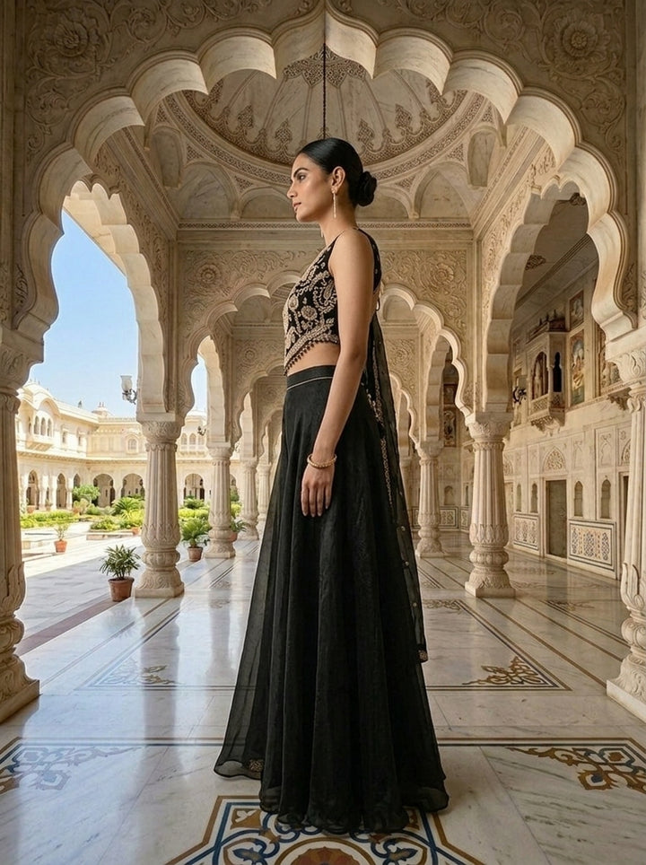 Neerus Black cotton embellished suit set - back view
