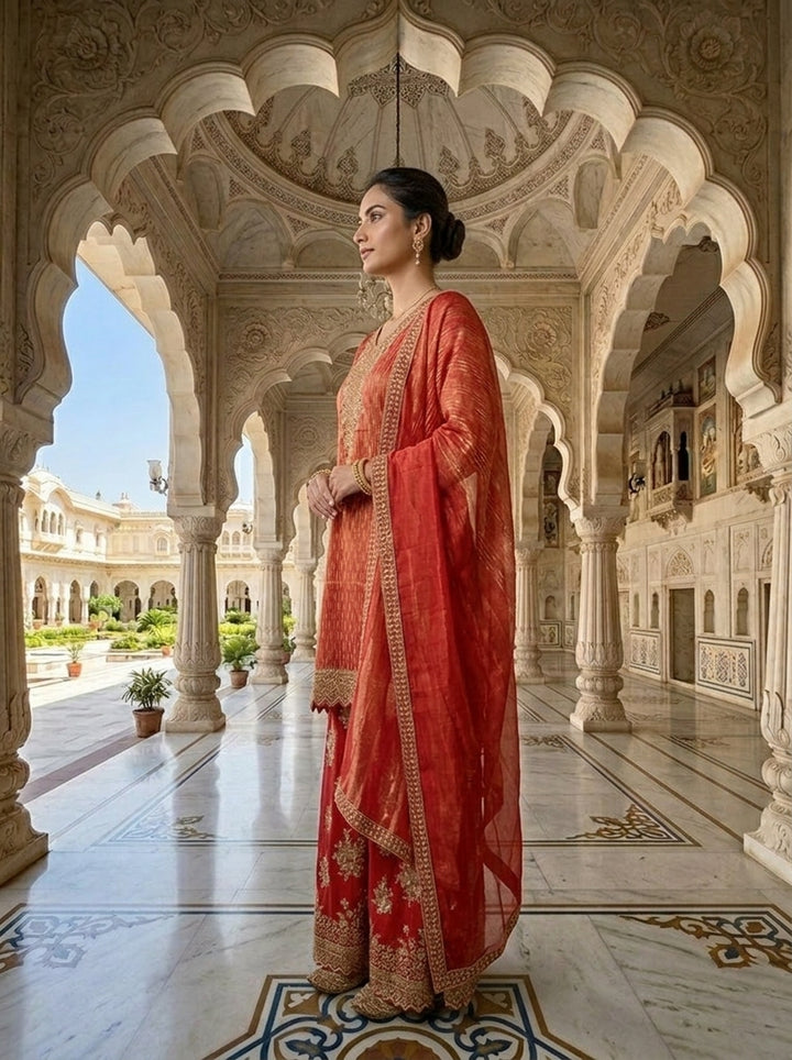 Neerus Red tissue embellished suit set - back view