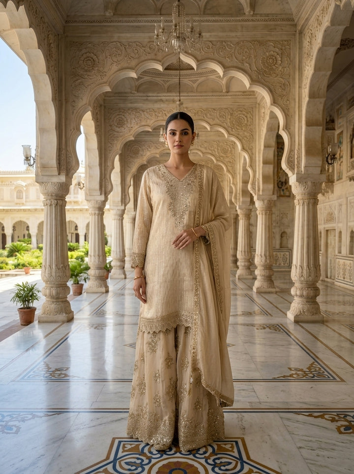 Neerus Beige tissue embellished suit set - front view