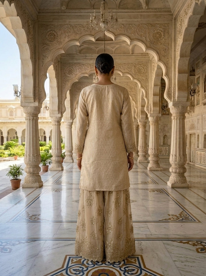 Neerus Beige tissue embellished suit set - back view