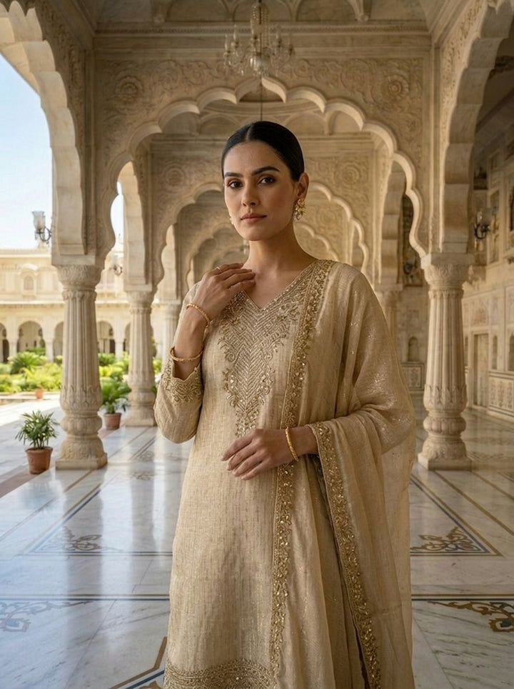 Neerus Beige tissue embellished suit set - detail view 1