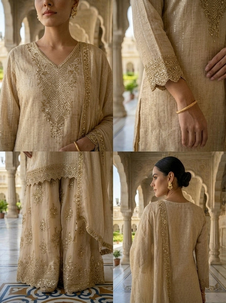 Neerus Beige tissue embellished suit set - detail view 2