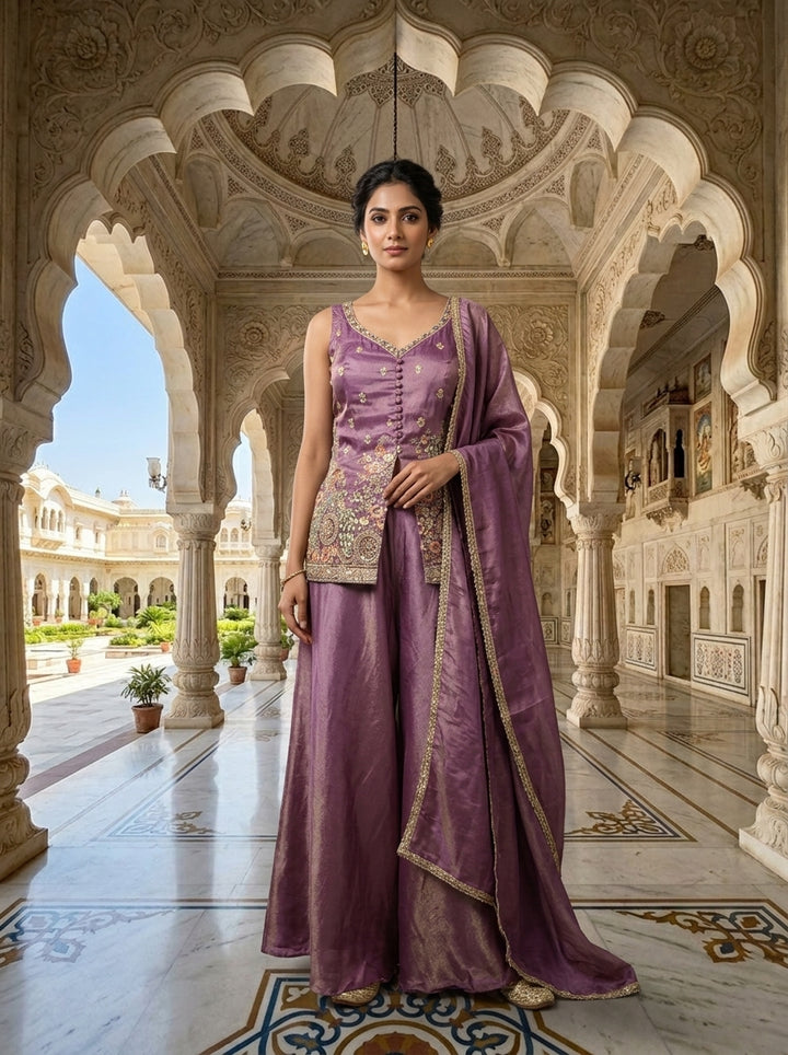Neerus Purple tissue embellished kurti and palazzo suit set - front view