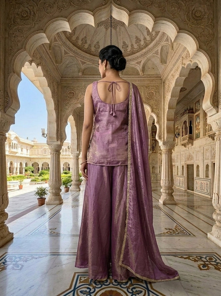 Neerus Purple tissue embellished kurti and palazzo suit set - side view