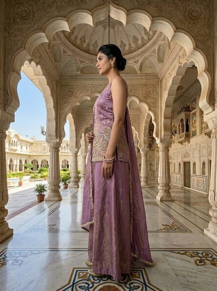 Neerus Purple tissue embellished kurti and palazzo suit set - back view