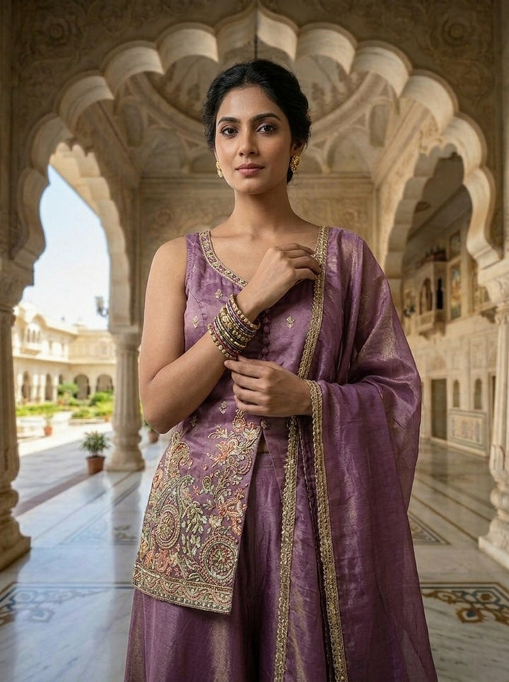 Neerus Purple tissue embellished kurti and palazzo suit set - detail view 1