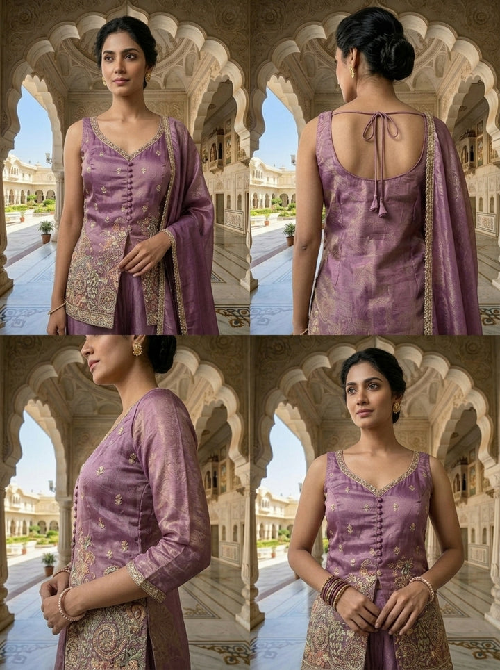 Neerus Purple tissue embellished kurti and palazzo suit set - detail view 2