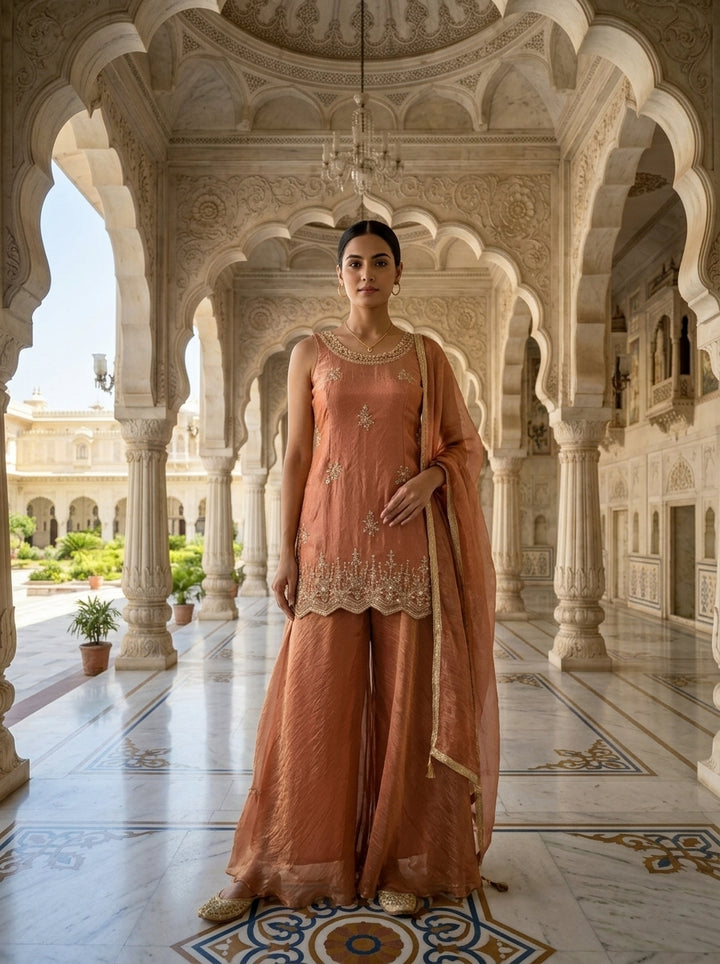Neerus Pink cotton embellished suit set with palazzo and dupatta - front view