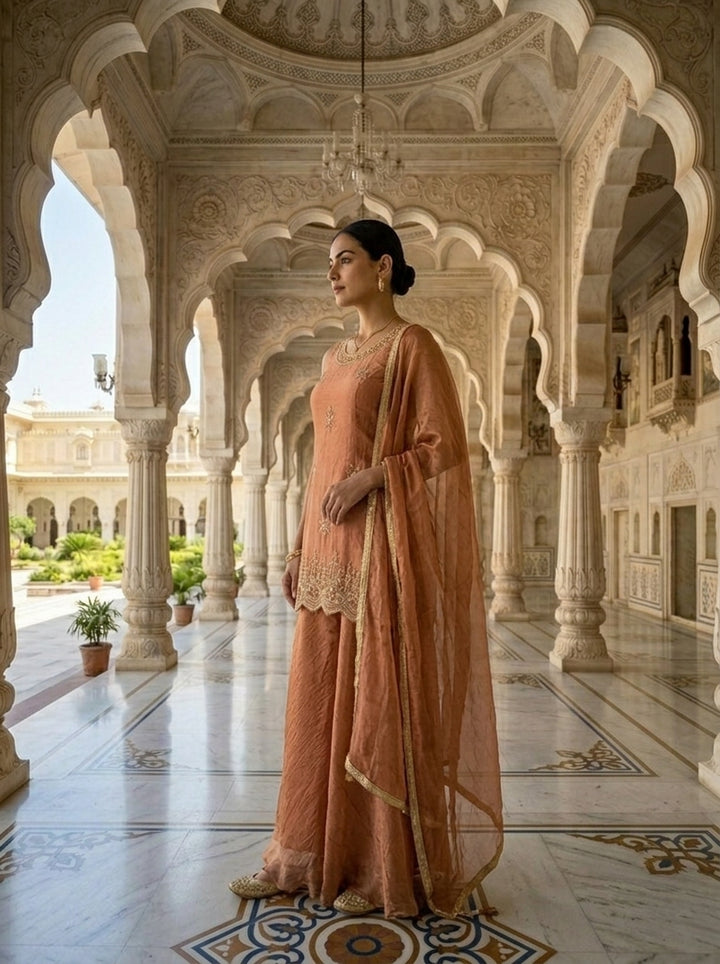 Neerus Pink cotton embellished suit set with palazzo and dupatta - back view