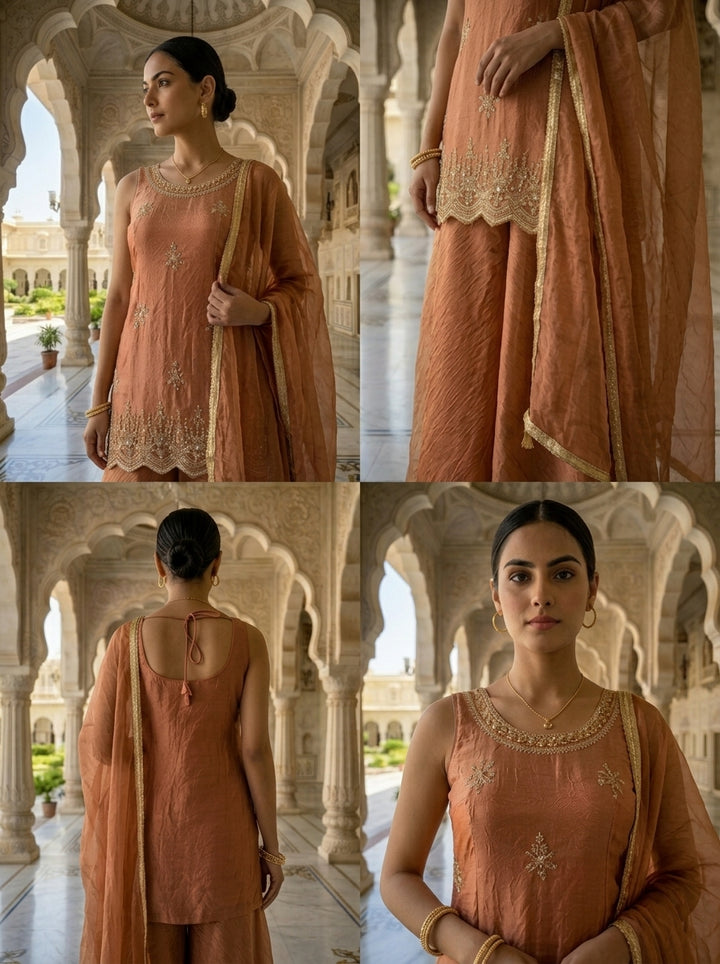 Neerus Pink cotton embellished suit set with palazzo and dupatta - detail view 2