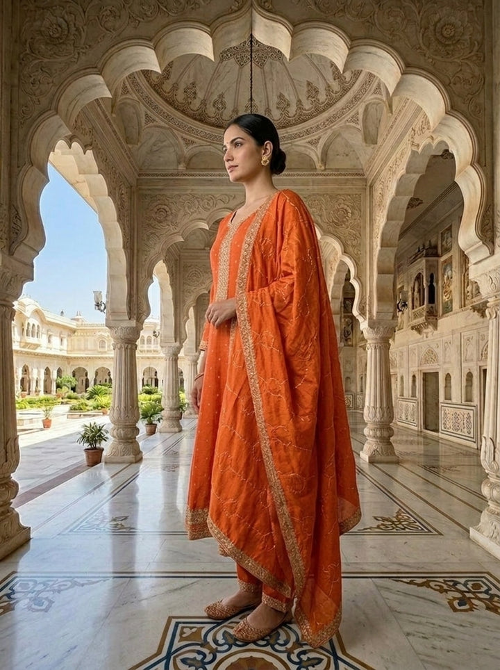 Neerus Orange tissue embellished suit set - side view