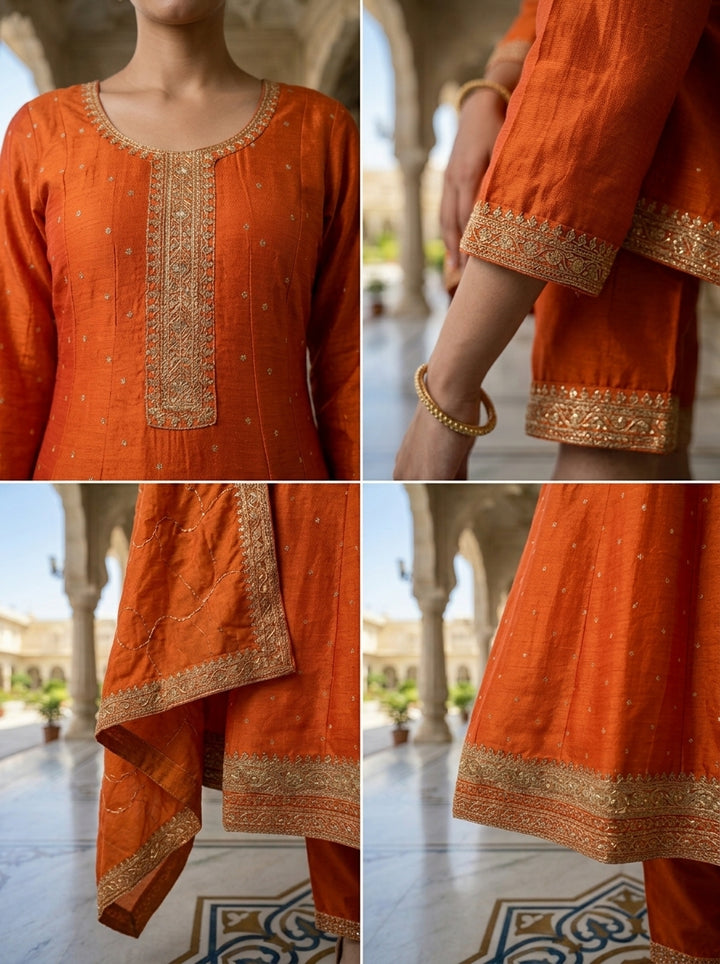 Neerus Orange tissue embellished suit set - detail view 2