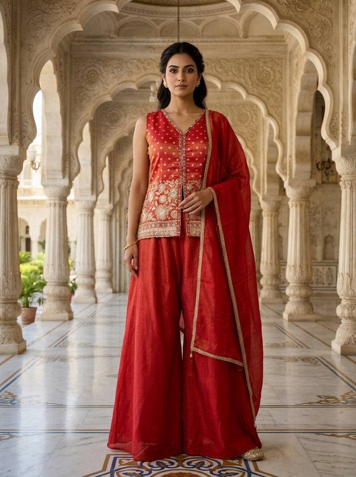 Neerus Red tissue embellished suit set - front view