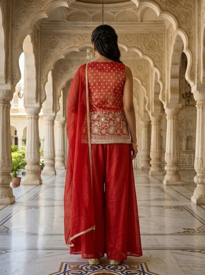 Neerus Red tissue embellished suit set - back view