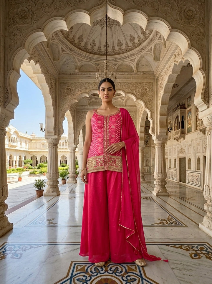 Neerus Pink chinon bandhani printed suit set - front view
