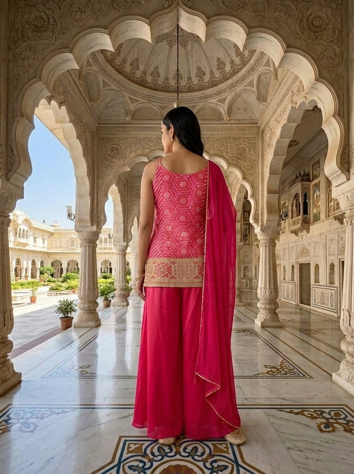 Neerus Pink chinon bandhani printed suit set - back view