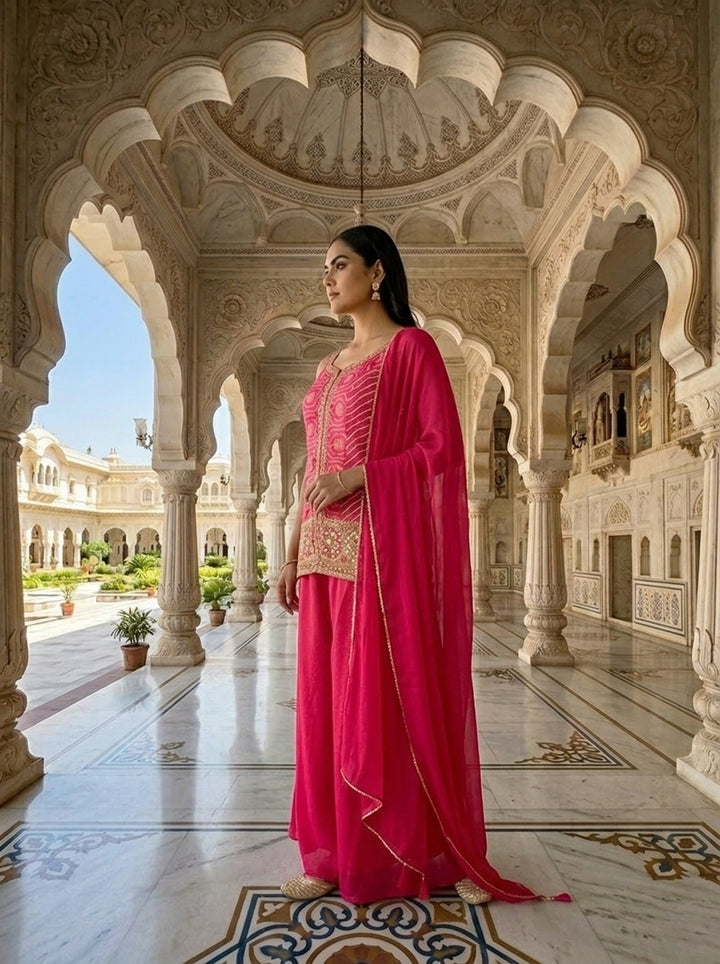 Neerus Pink chinon bandhani printed suit set - side view