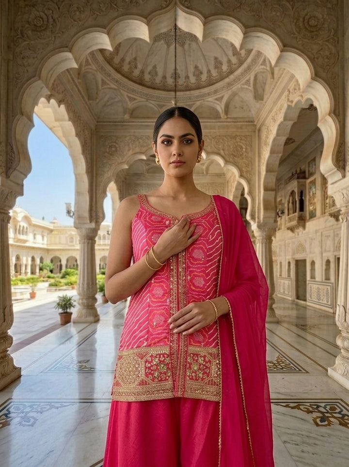 Neerus Pink chinon bandhani printed suit set - detail view 1