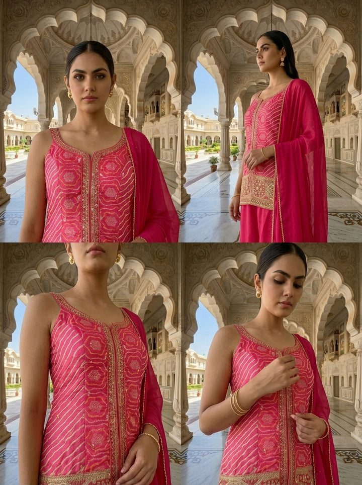 Neerus Pink chinon bandhani printed suit set - detail view 2