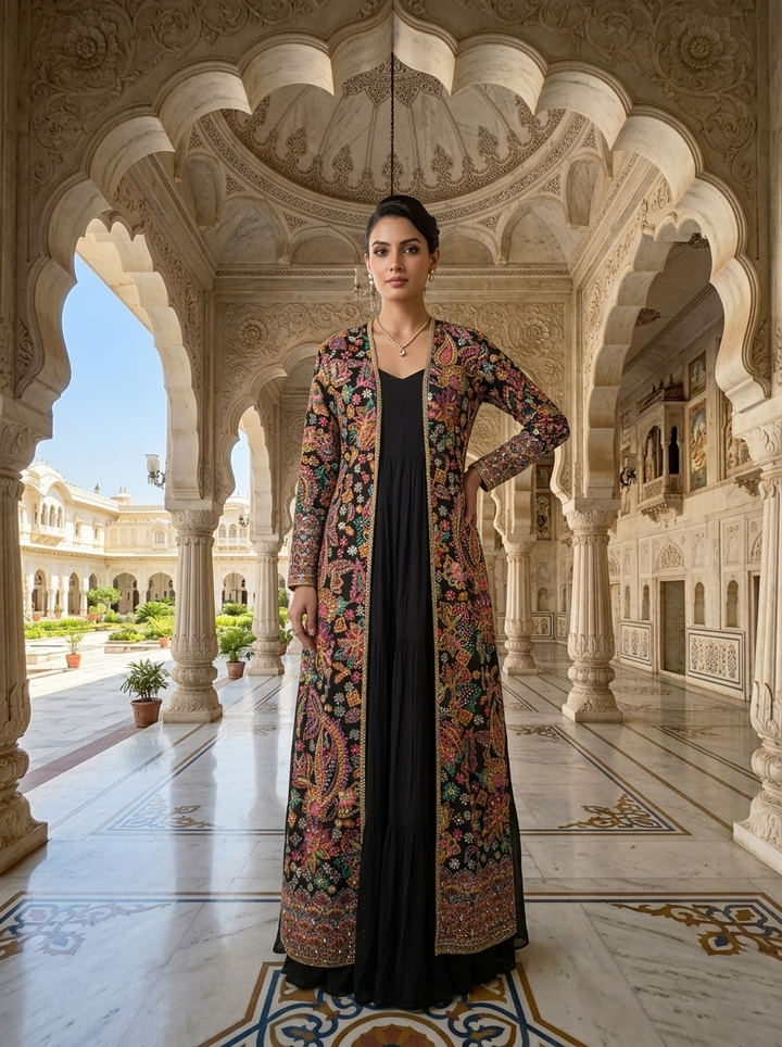 Neerus Black georgette embellished anarkali suit set - front view