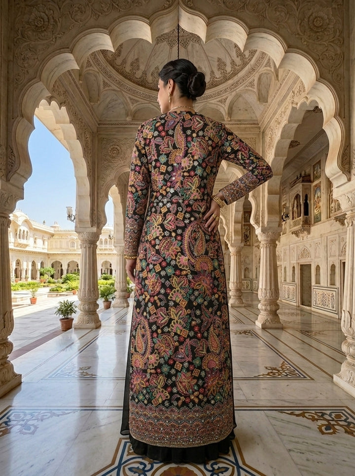 Neerus Black georgette embellished anarkali suit set - side view