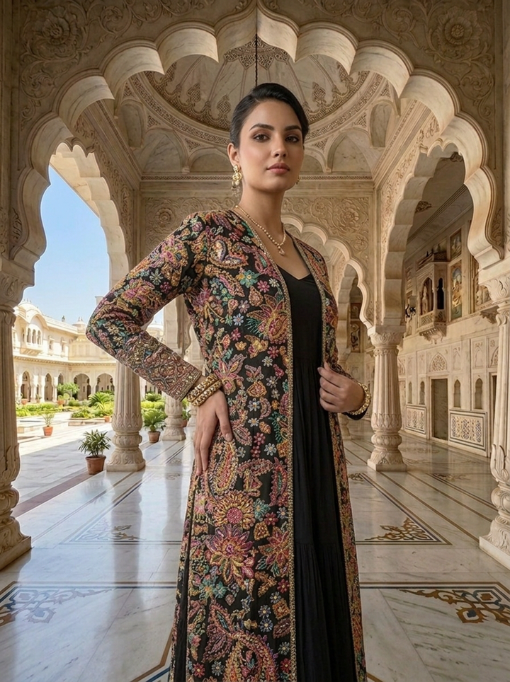 Neerus Black georgette embellished anarkali suit set - detail view 1