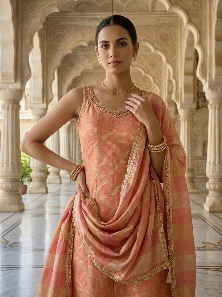 Neerus Orange tissue embroidered suit set - detail view 1