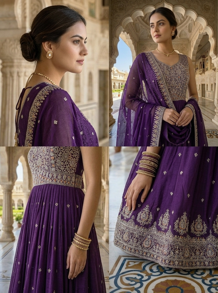 Neerus Purple silk hand embroidered anarkali suit set - detail view 2