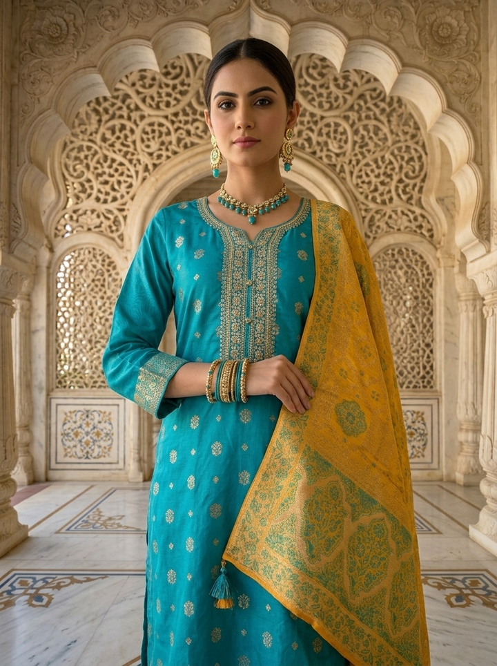 Neerus Blue silk embellished suit set with contrast dupatta - detail view 1