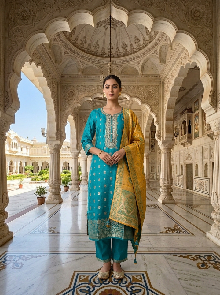 Neerus Blue silk embellished suit set with contrast dupatta - front view