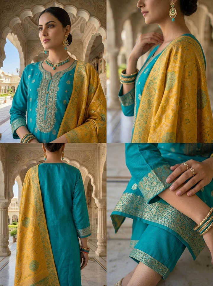 Neerus Blue silk embellished suit set with contrast dupatta - detail view 2
