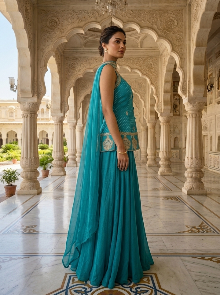 Neerus Green chinon bandhani printed suit set - side view