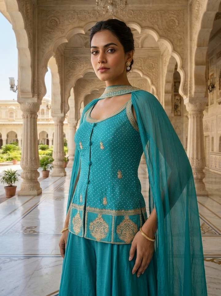 Neerus Green chinon bandhani printed suit set - detail view 1