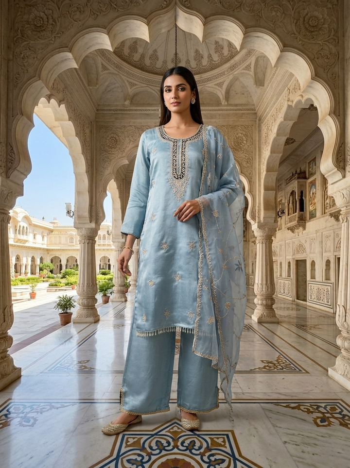 Neerus Blue organza embellished suit set - front view