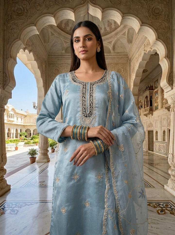 Neerus Blue organza embellished suit set - detail view 1