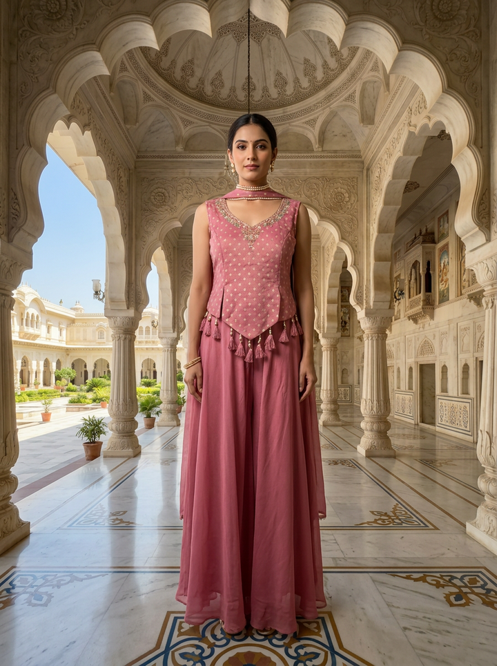 Neerus Pink tissue thread embroidered suit set - front view