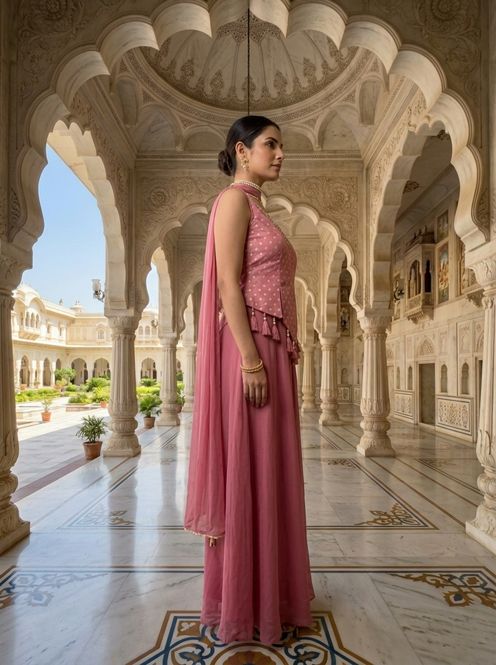 Neerus Pink tissue thread embroidered suit set - back view